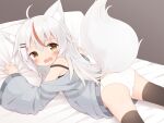  1girl animal_ear_fluff animal_ears ass ayanepuna bare_shoulders bed_sheet blush brown_eyes brown_legwear commentary_request fang fox_ears fox_girl fox_tail grey_background grey_shirt highres kamiko_kana long_hair long_sleeves looking_at_viewer looking_to_the_side lying multicolored_hair off_shoulder on_stomach open_mouth panties pillow redhead shirt simple_background solo streaked_hair tail tears thigh-highs tsunderia underwear very_long_hair virtual_youtuber wavy_mouth white_hair white_panties wide_sleeves 