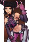  absurdres bangs black_hair capcom double_bun fingerless_gloves gloves hair_bun han_juri highres looking_at_viewer midriff pants pink_eyes pink_gloves street_fighter street_fighter_v 