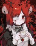  1girl apron bat_wings blood blood_on_face chariko choker commission cup eyepatch frilled_apron frills head_wings long_hair original pale_skin red_background red_eyes redhead solo teacup upper_body wings 