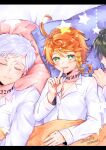  1girl 2_boy bed black_hair blanket closed_eyes emma_(yakusoku_no_neverland) highres norman_(yakusoku_no_neverland) orange_hair pillow ray_(yakusoku_no_neverland) short_hair sleeping tp82n1r white_hair yakusoku_no_neverland 