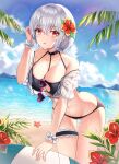  1girl absurdres adjusting_hair azur_lane bare_shoulders beach bikini black_bikini breasts commentary_request eyewear_hang eyewear_removed flower grey_hair hair_flower hair_ornament halterneck heart heart-shaped_eyewear hibiscus highres large_breasts leaning_forward neon_(hhs9444) official_alternate_costume red_eyes short_hair sirius_(azur_lane) sirius_(midsummer_seirios)_(azur_lane) solo sunglasses swimsuit wrist_cuffs 