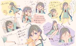  1girl 1other ahoge animal aqua_skirt black_footwear black_neckwear blue_eyes blue_hair blush cat colis food grey_hair hair_between_eyes holding holding_food ice_cream kantai_collection kiyoshimo_(kancolle) long_hair low_twintails multicolored_hair multiple_views pleated_skirt sailor_collar school_uniform serafuku short_sleeves skirt socks translation_request twintails twitter_username very_long_hair white_legwear white_sailor_collar 