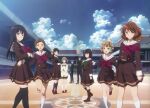  2boys 6+girls absurdres black_hair black_legwear black_pants black_shirt blonde_hair blue_eyes bow brown_eyes brown_hair brown_shirt brown_skirt building clouds collared_shirt green_bow green_eyes green_neckwear hair_bow hair_ornament hairclip hibike!_euphonium highres hisaishi_kanade huge_filesize ikeda_shouko kawashima_sapphire kitauji_high_school_uniform kousaka_reina long_hair long_sleeves multiple_boys multiple_girls neckerchief official_art oumae_kumiko outdoors pants pleated_skirt red_bow red_eyes red_neckwear sailor_collar school school_uniform serafuku shirt shoes short_hair skirt sky sneakers socks standing suzuki_mirei suzuki_satsuki tsukamoto_shuuichi tsukinaga_motomu twintails violet_eyes white_legwear white_sailor_collar 