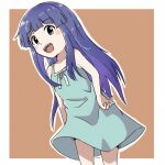  1girl blue_hair brown_background child dress eyebrows eyebrows_visible_through_hair furude_rika green_dress hands_on_hips highres higurashi_no_naku_koro_ni hime_cut long_hair open_mouth simple_background smile solo sundress truth1293 violet_eyes 