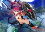  1girl :d absurdres armor armpits bat bikini_armor black_legwear blue_eyes breasts elizabeth_bathory_(brave)_(fate) elizabeth_bathory_(fate)_(all) fang fate/grand_order fate_(series) gauntlets gloves greaves highres holding holding_shield holding_sword holding_weapon horns long_hair looking_at_viewer navel nishiide_kengorou open_mouth pauldrons purple_hair revealing_clothes shield shoulder_armor slime_(creature) small_breasts smile sword tail thigh-highs tiara tombstone weapon 