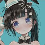  1girl animal_ears black_bow black_hair black_neckwear blue_background blush bow bowtie closed_mouth ebimomo hair_bow hair_ornament hairclip head_tilt holding holding_tray long_hair looking_at_viewer original ponytail rabbit_ears ringed_eyes simple_background solo tray violet_eyes 