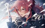  1boy bangs black_jacket blush breath diluc_ragnvindr genshin_impact gloves hair_between_eyes holding holding_sword holding_weapon jacket long_hair male_focus open_mouth red_eyes redhead sidelocks snow snowing solo sumima sword twitter_username weapon 