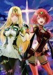  2girls absurdres bangs black_gloves blonde_hair breasts chest_jewel dress earrings elbow_gloves eva02asuka0608 fingerless_gloves gloves highres jewelry large_breasts long_hair mythra_(xenoblade) pyra_(xenoblade) red_eyes red_legwear red_shorts redhead short_dress short_hair short_shorts shorts super_smash_bros. swept_bangs thigh-highs tiara very_long_hair white_dress white_footwear white_gloves xenoblade_chronicles_(series) xenoblade_chronicles_2 yellow_eyes 