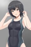  1girl absurdres amagami black_eyes black_hair black_swimsuit bob_cut breasts collarbone commentary_request competition_swimsuit covered_navel cowboy_shot gradient gradient_background grey_background highres higofushi looking_at_viewer nanasaki_ai one-piece_swimsuit short_hair small_breasts solo swimsuit 