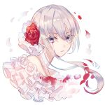  1girl angry blood bloody_tears blue_eyes choker closed_mouth flower hair_bun hair_ornament kina_(446964) looking_at_viewer petals rose rose_petals short_hair sidelocks simple_background sinoalice snow_white_(sinoalice) solo white_background white_flower white_hair 