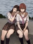  2girls absurdres bangs blurry blurry_background brown_eyes brown_hair hanny_(uirusu_chan) highres kneehighs light_brown_hair long_hair multiple_girls ocean original parted_bangs pink_neckwear plaid plaid_skirt rock sailor_collar sailor_shirt shirt short_hair short_sleeves sitting skirt swept_bangs wall 