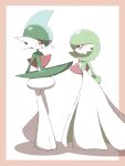  absurdres closed_mouth commentary_request eye_contact flying_sweatdrops gallade gardevoir gen_3_pokemon gen_4_pokemon highres looking_at_another open_mouth outside_border pokemon pokemon_(creature) shabana_may smile standing tongue white_background 