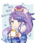  1girl beads blue_eyes blue_hair blush bow bubble bucket chibi coral earrings fins hair_beads hair_bow hair_ornament happy japanese_clothes jewelry kimono kina_(446964) long_hair looking_at_viewer ningyo_hime_(sinoalice) open_mouth ponytail rubber_duck sidelocks sinoalice sketch solo 