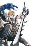  1boy absurdres belt blonde_hair blue_eyes blue_gloves cross dong_hole fingerless_gloves gloves guilty_gear guilty_gear_strive highres holding holding_weapon jacket male_focus pectorals short_hair simple_background solo sword weapon white_background white_jacket 