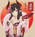  1girl :p absurdres bangs black_hair blunt_bangs breasts chinese_zodiac cow_horns highres hime_cut horns huge_filesize japanese_clothes kimono lankuchashuangjielong large_breasts lips off_shoulder orange_eyes original solo tongue tongue_out year_of_the_ox 