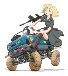  1girl assault_rifle black_legwear blonde_hair blue_eyes brown_footwear buttons car double-breasted dress driving gatling_santouhei grey_dress ground_vehicle gun highres medium_hair motor_vehicle open_mouth original rifle short_sleeves simple_background socks solo tagme weapon white_background 