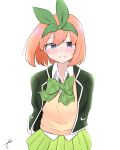  1girl arms_behind_back bangs black_jacket blue_eyes blush bow collared_shirt commentary eyebrows_behind_hair go-toubun_no_hanayome green_bow green_ribbon green_skirt grin hair_between_eyes hair_ribbon highres jacket kujou_karasuma looking_at_viewer nakano_yotsuba open_clothes open_jacket orange_hair pleated_skirt ribbon school_uniform shirt signature simple_background skirt smile solo sweater_vest symbol_commentary white_background white_shirt 