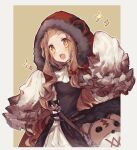  1225ka 1girl bag bangs blonde_hair blood bloody_clothes blunt_bangs border capelet dress fur-trimmed_capelet fur_trim hair_ribbon handbag happy highres little_red_riding_hood_(sinoalice) long_hair long_sleeves looking_to_the_side orange_eyes ribbon simple_background sinoalice sleeves_past_wrists solo sparkle sparkling_eyes wavy_hair wide_sleeves 