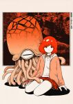  1girl collared_shirt full_body hood hood_down jacket long_sleeves monochrome orange_footwear orange_jacket orange_theme original pleated_skirt red_skirt redhead shadow shirt shoes short_hair sitting skirt solo squid tentacles uemula 