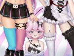  3girls apron bow breasts dress drooling girl_sandwich hand_on_another&#039;s_head highres maid maid_apron maid_headdress mismatched_legwear multiple_girls nyatasha_nyanners pink_hair sandwiched short_dress short_hair silvervale small_breasts vei_(vtuber) violet_eyes vshojo waabins 