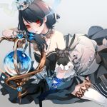  1girl alice_(sinoalice) black_gloves black_hair blue_gloves bracelet choker closed_mouth dress gloves grey_background jewelry lipstick makeup orb red_eyes ribbon senryoko short_hair sinoalice solo striped striped_legwear tattoo thigh-highs tiara zettai_ryouiki 