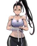  1girl 6maker :&lt; alternate_costume antenna_hair black_hair black_pants breasts brown_eyes contrapposto forehead hair_pulled_back hand_wraps high_ponytail highres ibuki_(street_fighter) large_breasts long_hair nike pants product_placement sports_bra standing street_fighter street_fighter_v toned track_pants white_background white_sports_bra 