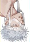  1boy bandages bare_shoulders blue_eyes eyelashes gojou_satoru highres jujutsu_kaisen looking_to_the_side male_focus ndsoda solo spiky_hair topless_male upside-down white_background white_hair 