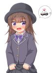  1girl black_headwear bow bowtie brown_hair car comiching commentary_request ground_vehicle hat highres jacket motor_vehicle open_mouth original plaid_neckwear pleated_skirt police_car purple_neckwear school_uniform skirt skirt_lift solo spoken_object upper_body violet_eyes 