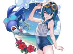  1girl ataruman beach blue_eyes blue_hair blue_sky blue_swimsuit clouds commentary_request day flower gen_7_pokemon goggles goggles_on_head hair_between_eyes hand_up highres lana_(pokemon) ocean one-piece_swimsuit pokemon pokemon_(creature) pokemon_(game) pokemon_sm popplio shirt simple_background sky swimsuit swimsuit_under_clothes thighs wet wet_clothes wet_shirt white_background white_shirt 