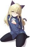  1girl absurdres animal_ears black_legwear blonde_hair cat_ears fankupl glasses hand_on_own_chest highres long_hair long_sleeves military military_uniform pantyhose perrine_h._clostermann sitting smile solo strike_witches tail uniform world_witches_series yellow_eyes 