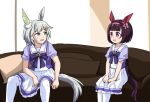  2girls animal_ears bangs blue_eyes blush bow brown_hair commentary_request couch feet_out_of_frame flower grey_hair hair_flower hair_ornament hairband horse_ears horse_girl horse_tail looking_at_another manatsu_no_yo_no_inmu multiple_girls nishino_flower_(umamusume) open_mouth purple_bow purple_shirt red_flower school_uniform seiun_sky_(umamusume) shirt short_hair sitting skirt tail tenten_(nicoseiga18696142) thigh-highs tracen_school_uniform umamusume violet_eyes white_legwear white_skirt x_hair_ornament yellow_flower 