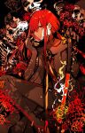  1girl bodysuit fate/grand_order fate_(series) flower hair_between_eyes highres long_hair looking_at_viewer oda_nobunaga_(fate) oda_nobunaga_(maou_avenger)_(fate) red_eyes rioka_(southern_blue_sky) skeleton skull solo spider_lily sword weapon 