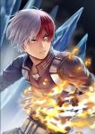  1boy bangs belt blue_eyes blue_jacket boku_no_hero_academia burn_scar commentary fire grey_eyes heterochromia highres ice jacket long_sleeves maewii42 male_focus multicolored_hair parted_lips redhead scar short_hair solo todoroki_shouto two-tone_hair upper_body white_hair 