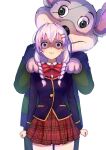  1girl animal anime_girl breasts chuck_e._cheese chuck_e._cheese_(character) green_sleves grey_fur mouse nose purple_shirt red_skirt white_hair 