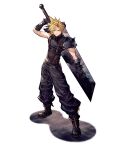 1boy armor blonde_hair buster_sword cloud_strife final_fantasy final_fantasy_vii final_fantasy_vii_remake full_body gauntlets highres holding holding_sword holding_weapon looking_at_viewer male_focus official_art ryuji_ohara shoulder_armor simple_background single_gauntlet sleeveless sleeveless_turtleneck solo spiky_hair standing suspenders sword third-party_source turtleneck war_of_the_visions:_final_fantasy_brave_exvius weapon 