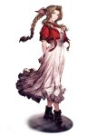  1girl aerith_gainsborough boots braid braided_ponytail brown_hair closed_mouth cropped_jacket dress female final_fantasy final_fantasy_vii final_fantasy_vii_remake full_body green_eyes highres jacket long_hair looking_at_viewer official_art open_jacket red_jacket ryuji_ohara simple_background single_braid solo standing third-party_source war_of_the_visions:_final_fantasy_brave_exvius 