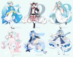  6+girls :o agonasubi ahoge aqua_background aqua_eyes aqua_hair aqua_ribbon aqua_skirt arm_behind_back artist_name badge barefoot beads black_coat black_footwear black_gloves black_neckwear black_shorts blue_dress blue_eyes blue_hair blue_kimono blue_legwear blue_skirt boots borrowed_design bow braid buttons character_name clam_shell coat collar collared_shirt commentary contrapposto crab_print dip-dyed_hair double-breasted dress eighth_note epaulettes food_themed_hair_ornament foreshortening frilled_dress frills full_body fur-trimmed_boots fur-trimmed_coat fur-trimmed_kimono fur_trim geta gloves gradient_hair hair_beads hair_bow hair_ornament hair_ribbon hair_stick hand_in_hair hand_on_hip hand_up hat hat_with_ears hatsune_miku highres jacket jacket_on_shoulders japanese_clothes kimono knee_boots lace-trimmed_sleeves lace_trim layered_clothing layered_dress layered_kimono leg_ribbon leg_up light_blue_eyes light_blue_hair long_hair looking_at_viewer military military_uniform miniskirt multicolored_hair multiple_girls multiple_persona musical_note musical_note_print naval_uniform neckerchief necktie open_mouth outstretched_arm petticoat pink_collar pink_hair pink_kimono pink_neckwear pink_pupils pink_ribbon pink_skirt pleated_skirt pocket pom_pom_(clothes) red_legwear red_ribbon red_shirt redhead ribbon roe sailor_collar sailor_hat scallop see-through_skirt seigaiha shell_hair_ornament shirt shiso_(plant) short_shorts shorts sideways_glance skirt sleeves_past_wrists smile snow_print snowflake_print staff_(music) standing standing_on_one_leg star_(symbol) star_hair_ornament star_print striped striped_legwear tabi thigh-highs twintails uniform very_long_hair vocaloid wasabi white_footwear white_hair white_headwear white_jacket white_kimono white_legwear white_shirt wide_sleeves yuki_miku zettai_ryouiki zouri 