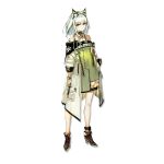  1girl animal_ear_fluff animal_ears arknights bangs bare_shoulders closed_mouth detached_collar dress eyebrows_visible_through_hair full_body green_dress green_eyes green_hair high_heels highres jacket jewelry kal&#039;tsit_(arknights) long_sleeves looking_at_viewer lynx_ears off-shoulder_dress off_shoulder official_art oripathy_lesion_(arknights) short_hair solo standing stethoscope syringe transparent_background watch watch white_hair yui_(niikyouzou) 