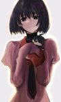  1girl araragi_koyomi black_eyes black_hair doll eyebrows_visible_through_hair highres looking_at_viewer monogatari_(series) naoetsu_high_school_uniform necktie oshino_ougi owarimonogatari school_uniform short_hair turtleneck valhalla0707 