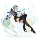  1girl absurdres blue_hair boots breasts cape center_opening eula_(genshin_impact) full_body genshin_impact gloves hair_ornament high_heels highres legs leotard long_sleeves lumo_1121 medium_breasts necktie solo sword thigh-highs thigh_boots under_boob weapon wide_sleeves 
