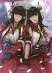  2girls black_hair blush hinoa japanese_clothes kashiwaisan kimono long_hair minoto monster_hunter monster_hunter_(series) monster_hunter_rise siblings twins 