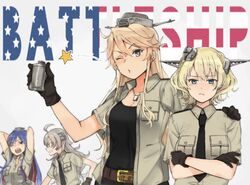  4girls ahoge alternate_costume annin_musou belt black_gloves black_neckwear blonde_hair blue_eyes blue_hair blush breast_pocket brown_belt colorado_(kancolle) garrison_cap gloves grey_headwear hair_between_eyes hat headgear iowa_(kancolle) kantai_collection long_hair multicolored_hair multiple_girls necktie one_eye_closed pocket redhead short_hair short_sleeves silver_hair simple_background south_dakota_(kancolle) star-shaped_pupils star_(symbol) symbol-shaped_pupils washington_(kancolle) white_background white_hair 