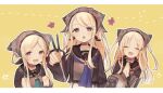  1225ka 3girls ^_^ blonde_hair blush choker chopsticks closed_eyes hands_together happy hat highres holding holding_chopsticks long_hair looking_at_viewer multiple_girls open_mouth saliva siblings sidelocks sinoalice sisters teeth three_little_pigs_(sinoalice) twintails violet_eyes yellow_background 