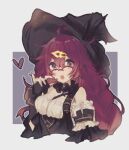  1225ka 1girl ahoge blush border choker detached_sleeves dorothy_(sinoalice) feathers glasses gloves hair_ornament hairclip harness hat heart highres holding holding_heart long_hair open_mouth purple_hair simple_background sinoalice solo violet_eyes witch witch_hat 