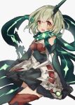  1225ka 1girl bangs blush dress elbow_gloves gloves green_gloves green_hair hair_ornament happy highres little_match_girl_(sinoalice) looking_at_viewer open_mouth red_eyes scarf sinoalice sketch solo thigh-highs upper_teeth white_background zettai_ryouiki 