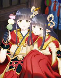  2girls black_hair blush hinoa japanese_clothes kimono long_hair minoto monster_hunter monster_hunter_(series) monster_hunter_rise siblings torentotto twins 