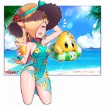  1girl 1other absurdres blonde_hair breasts casual_one-piece_swimsuit closed_eyes covered_navel cup earrings green_swimsuit hair_over_one_eye hat highres holding holding_cup jewelry long_hair luma_(mario) super_mario_bros. medium_breasts one-piece_swimsuit print_sarong print_swimsuit rosalina sarong sarukaiwolf star_(symbol) star_earrings star_print straw_hat sun_hat super_mario_galaxy swimsuit 