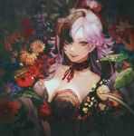  1girl black_hair blue_eyes choker cinderella_(sinoalice) clothing_cutout feathers grin hair_bun hair_ornament hair_over_eyes hair_ribbon long_hair looking_at_viewer navel_cutout parted_lips pink_hair ponytail ribbon senryoko sinoalice smile solo teeth two_side_up 