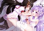 2girls :d ahoge ass azur_lane bangs bare_shoulders bed_sheet black_hair blush bow brown_eyes chocolate collared_dress commentary_request dress eyebrows_visible_through_hair feeding food frilled_dress frills hair_bun hair_ornament highres holding holding_food long_hair lying maeha multiple_girls nagato_(azur_lane) on_side open_mouth panties profile puffy_short_sleeves puffy_sleeves purple_bow purple_hair sailor_collar sailor_dress short_sleeves side_bun sleeveless sleeveless_dress smile striped striped_panties stuffed_animal stuffed_toy stuffed_unicorn thigh-highs underwear unicorn_(azur_lane) very_long_hair violet_eyes white_dress white_legwear white_sailor_collar yuri 