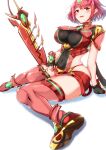  1girl aegis_sword_(xenoblade) bangs black_gloves breasts chest_jewel earrings fingerless_gloves gloves highres jewelry large_breasts pyra_(xenoblade) red_eyes red_legwear red_shorts redhead short_hair short_shorts shorts siebolds_demon swept_bangs sword thigh-highs thighs tiara weapon xenoblade_chronicles_(series) xenoblade_chronicles_2 